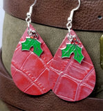 Red Embossed Tear Drop Shaped Leather Earrings with Holly Charm Overlay