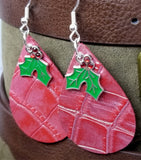 Red Embossed Tear Drop Shaped Leather Earrings with Holly Charm Overlay