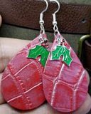 Red Embossed Tear Drop Shaped Leather Earrings with Holly Charm Overlay