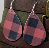 Soft Leather Red and Black Plaid Teardrop Earrings with Surgical Steel Earwires