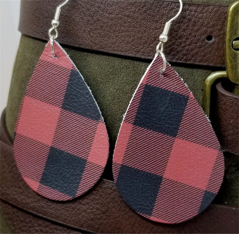 Soft Leather Red and Black Plaid Teardrop Earrings with Surgical Steel Earwires
