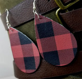 Soft Leather Red and Black Plaid Teardrop Earrings with Surgical Steel Earwires