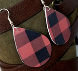 Soft Leather Red and Black Plaid Teardrop Earrings with Surgical Steel Earwires