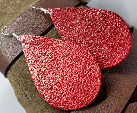 Metallic Red Tear Drop Shaped Real Leather Earrings