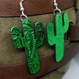 Green Metallic Cactus Shaped Real Leather Earrings