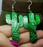 Green Metallic Cactus Shaped Real Leather Earrings