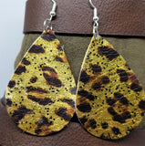 Metallic Leopard Print Teardrop Shaped REAL Leather Earrings with Glitter Topcoat