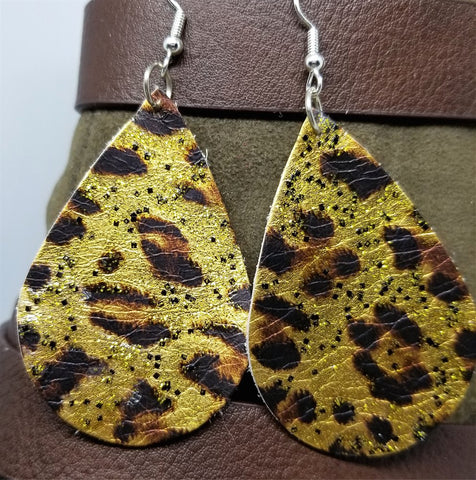 Metallic Leopard Print Teardrop Shaped REAL Leather Earrings with Glitter Topcoat