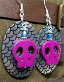 Mermaid Scales Leather Earrings with Fuchsia Magnetite Skull Beads