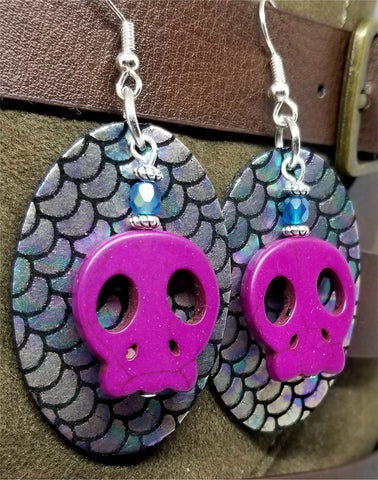 Mermaid Scales Leather Earrings with Fuchsia Magnetite Skull Beads