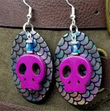 Mermaid Scales Leather Earrings with Fuchsia Magnetite Skull Beads