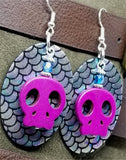 Mermaid Scales Leather Earrings with Fuchsia Magnetite Skull Beads