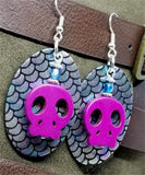 Mermaid Scales Leather Earrings with Fuchsia Magnetite Skull Beads