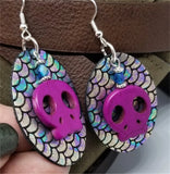 Mermaid Scales Leather Earrings with Fuchsia Magnetite Skull Beads