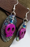 Mermaid Scales Leather Earrings with Fuchsia Magnetite Skull Beads