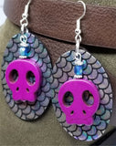 Mermaid Scales Leather Earrings with Fuchsia Magnetite Skull Beads