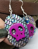 Mermaid Scales Leather Earrings with Fuchsia Magnetite Skull Beads