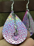 Pink with Crackle Holographic Finish Real Leather Teardrop Shaped Earrings with Arrow Charm and Crystal Heart Dangle