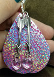 Pink with Crackle Holographic Finish Real Leather Teardrop Shaped Earrings with Arrow Charm and Crystal Heart Dangle