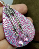 Pink with Crackle Holographic Finish Real Leather Teardrop Shaped Earrings with Arrow Charm and Crystal Heart Dangle