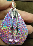 Pink with Crackle Holographic Finish Real Leather Teardrop Shaped Earrings with Arrow Charm and Crystal Heart Dangle