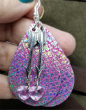 Pink with Crackle Holographic Finish Real Leather Teardrop Shaped Earrings with Arrow Charm and Crystal Heart Dangle