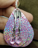 Pink with Crackle Holographic Finish Real Leather Teardrop Shaped Earrings with Arrow Charm and Crystal Heart Dangle