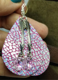 Pink with Crackle Holographic Finish Real Leather Teardrop Shaped Earrings with Arrow Charm and Crystal Heart Dangle