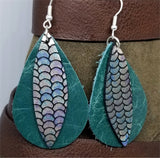 Layered Green Teardrop Leather Earrings with Mermaid Scale Patterned Leather Overlay