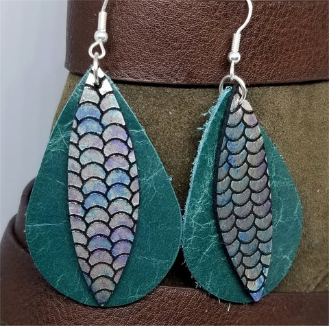 Layered Green Teardrop Leather Earrings with Mermaid Scale Patterned Leather Overlay