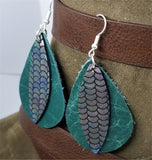 Layered Green Teardrop Leather Earrings with Mermaid Scale Patterned Leather Overlay