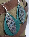 Layered Green Teardrop Leather Earrings with Mermaid Scale Patterned Leather Overlay