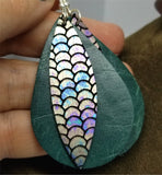 Layered Green Teardrop Leather Earrings with Mermaid Scale Patterned Leather Overlay