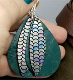 Layered Green Teardrop Leather Earrings with Mermaid Scale Patterned Leather Overlay