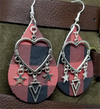 Red and Black Buffalo Plaid Real Leather Earrings with Silver Findings and Charms