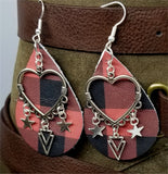 Red and Black Buffalo Plaid Real Leather Earrings with Silver Findings and Charms