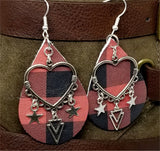 Red and Black Buffalo Plaid Real Leather Earrings with Silver Findings and Charms