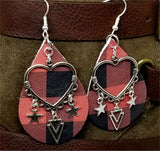 Red and Black Buffalo Plaid Real Leather Earrings with Silver Findings and Charms