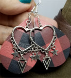 Red and Black Buffalo Plaid Real Leather Earrings with Silver Findings and Charms