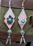 Southwestern Themed Pink and Gray Diamond Real Leather Earrings