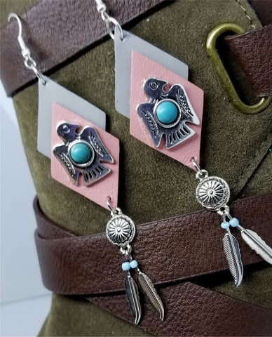 Southwestern Themed Pink and Gray Diamond Real Leather Earrings