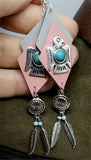 Southwestern Themed Pink and Gray Diamond Real Leather Earrings