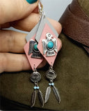 Southwestern Themed Pink and Gray Diamond Real Leather Earrings