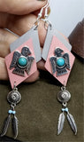 Southwestern Themed Pink and Gray Diamond Real Leather Earrings