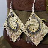 Shiny Metallic Gold Diamond Shaped Real Leather Earrings with Silver Chandelier with Glass Bead Dangles