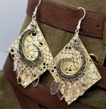 Shiny Metallic Gold Diamond Shaped Real Leather Earrings with Silver Chandelier with Glass Bead Dangles