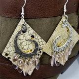 Shiny Metallic Gold Diamond Shaped Real Leather Earrings with Silver Chandelier with Glass Bead Dangles