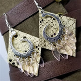 Shiny Metallic Gold Diamond Shaped Real Leather Earrings with Silver Chandelier with Glass Bead Dangles