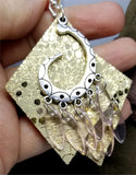 Shiny Metallic Gold Diamond Shaped Real Leather Earrings with Silver Chandelier with Glass Bead Dangles