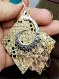 Shiny Metallic Gold Diamond Shaped Real Leather Earrings with Silver Chandelier with Glass Bead Dangles